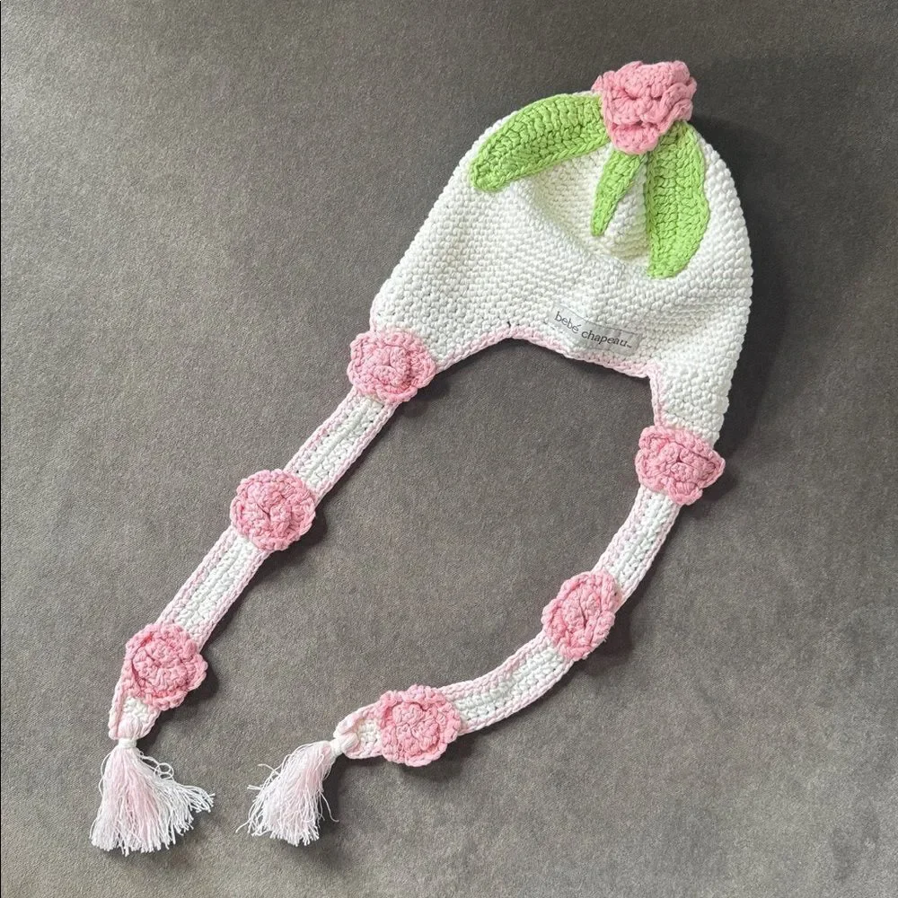 Bebe Chapeau White with Pink Roses Infant Beanie Hat 100% Cotton 2-8 years NEW